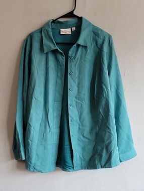 Women's 2XL Studio Works teal button up shirt jacket long sleeve suede feel